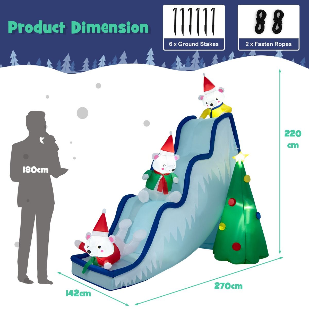 Toboggan de Noël gonflable Coast avec ours polaires et sapin de Noël - Décoration de Noël illuminée avec ventilateur - 225 x 120 x 200 cm - Blanc
