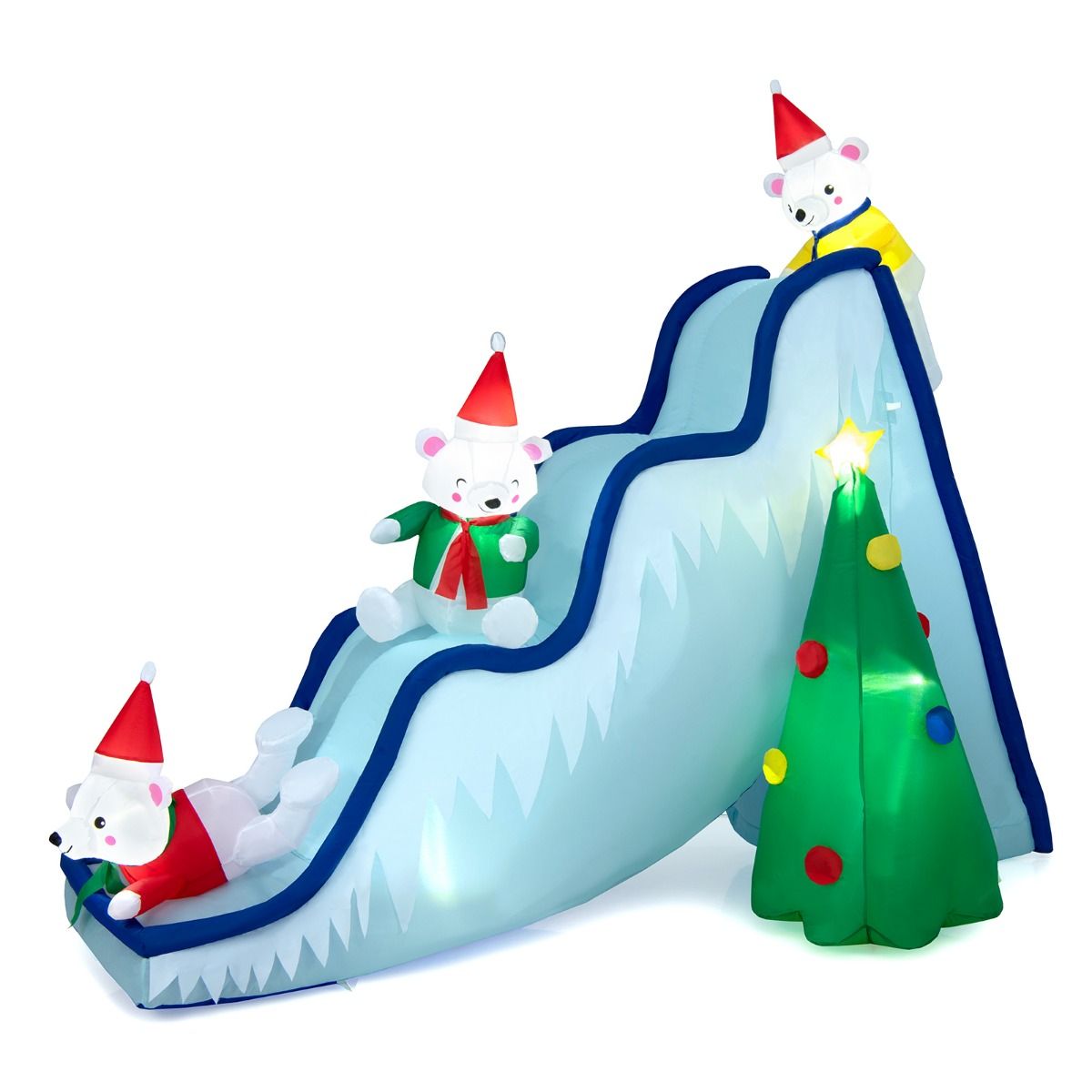 Toboggan de Noël gonflable Coast avec ours polaires et sapin de Noël - Décoration de Noël illuminée avec ventilateur - 225 x 120 x 200 cm - Blanc