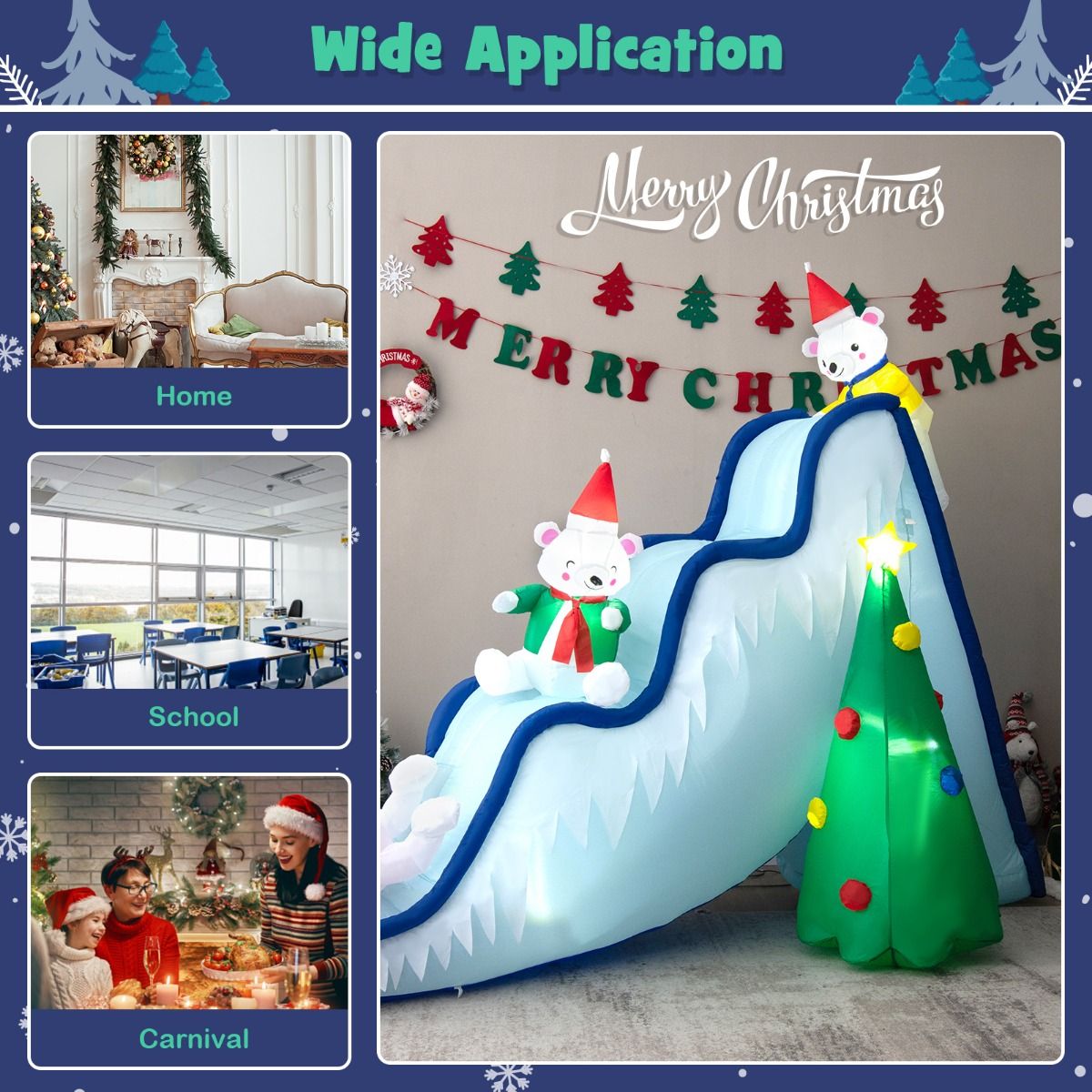 Toboggan de Noël gonflable Coast avec ours polaires et sapin de Noël - Décoration de Noël illuminée avec ventilateur - 225 x 120 x 200 cm - Blanc