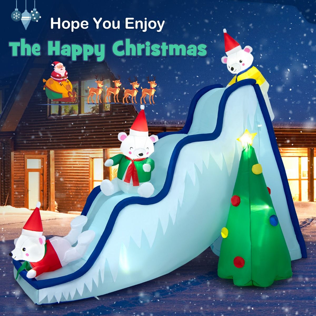 Toboggan de Noël gonflable Coast avec ours polaires et sapin de Noël - Décoration de Noël illuminée avec ventilateur - 225 x 120 x 200 cm - Blanc