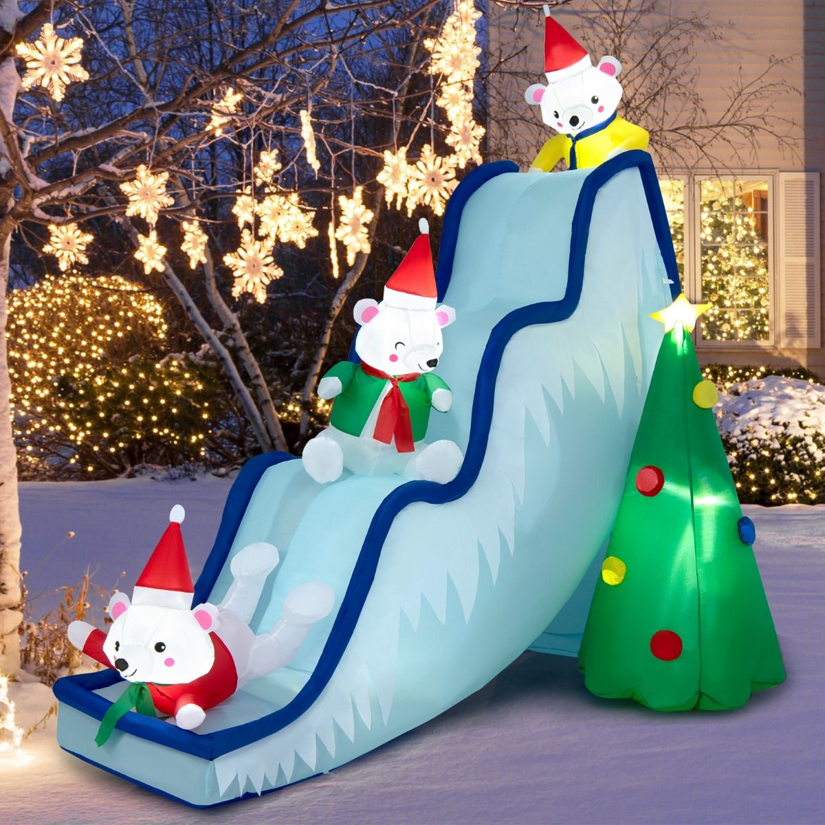 Toboggan de Noël gonflable Coast avec ours polaires et sapin de Noël - Décoration de Noël illuminée avec ventilateur - 225 x 120 x 200 cm - Blanc
