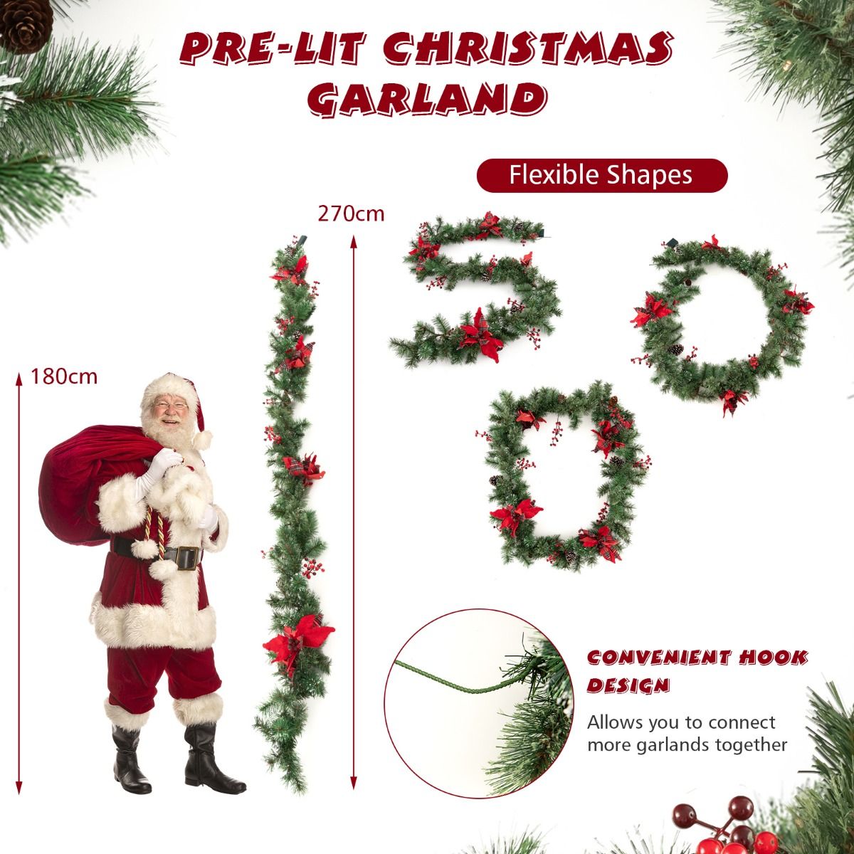 Guirlande de Noël Coast avec lumières 270 cm - Blanc chaud - Vert Rouge - Intérieur et extérieur