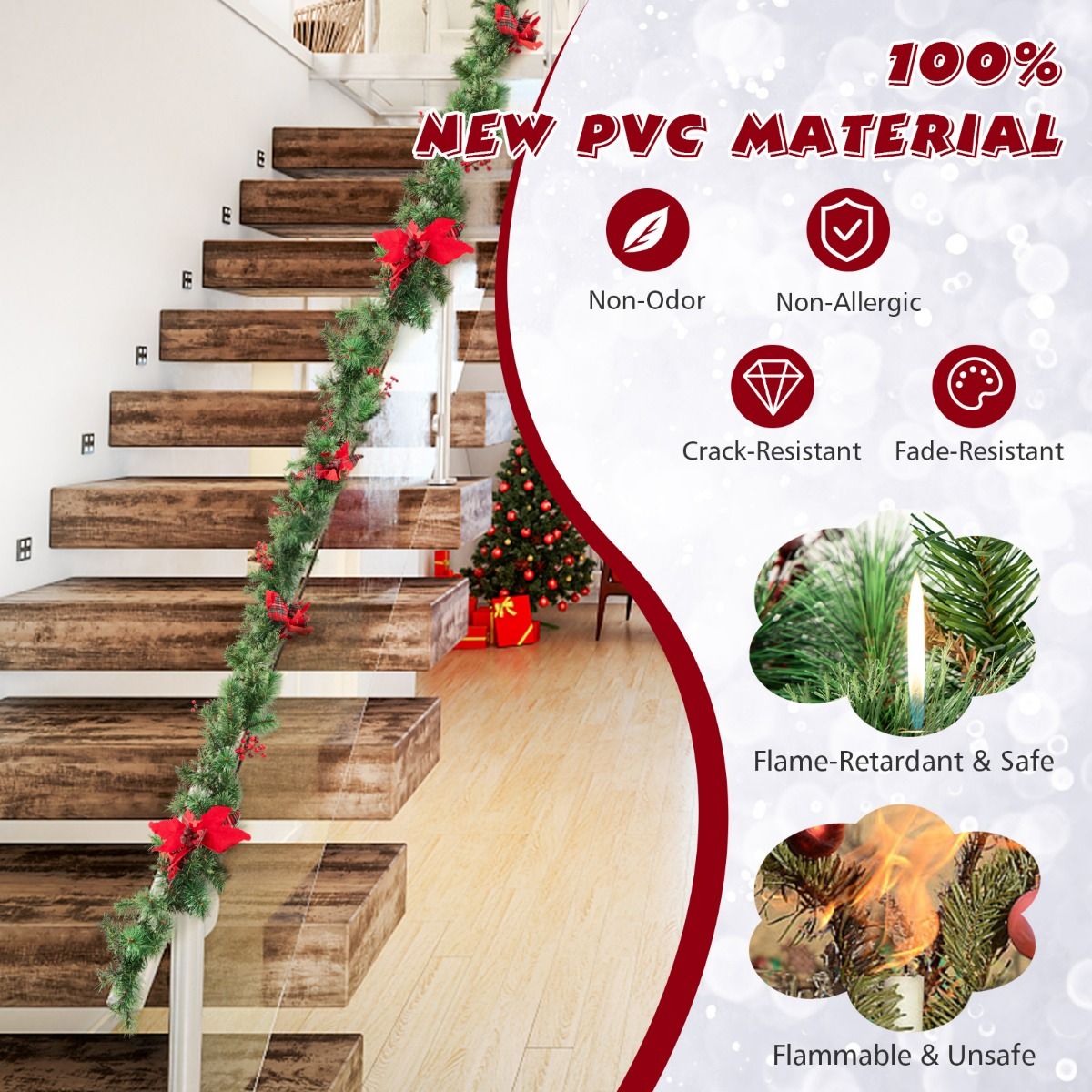 Guirlande de Noël Coast avec lumières 270 cm - Blanc chaud - Vert Rouge - Intérieur et extérieur