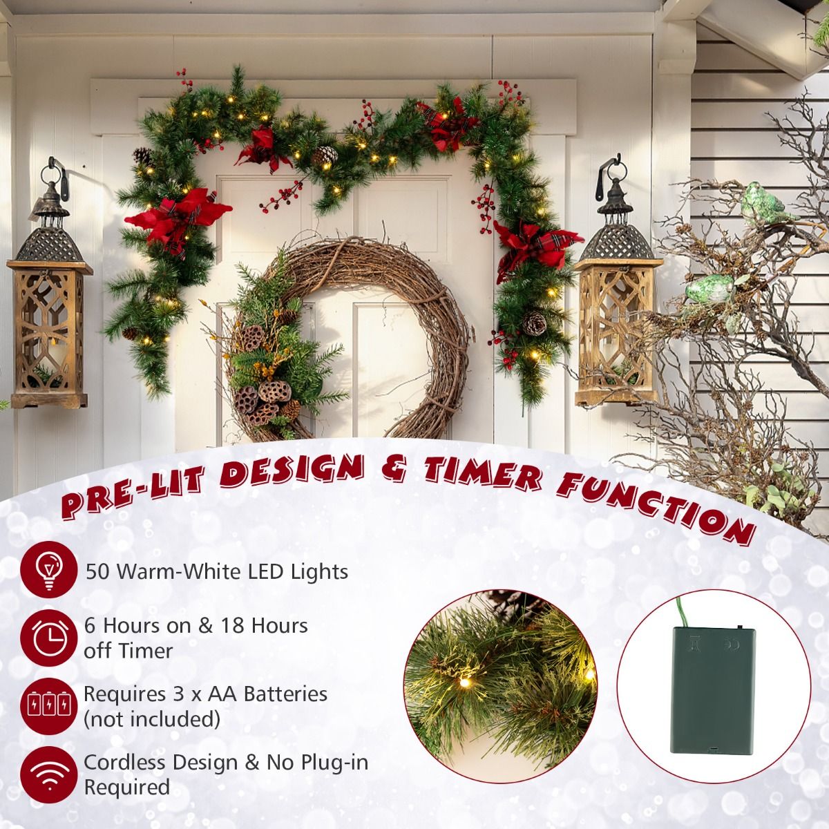 Guirlande de Noël Coast avec lumières 270 cm - Blanc chaud - Vert Rouge - Intérieur et extérieur