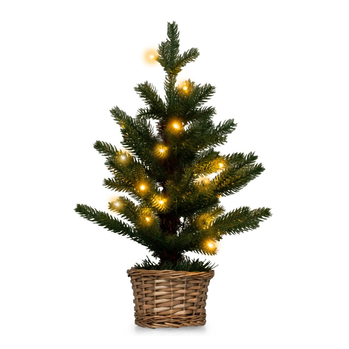Coast Illuminated Artificial Mini Christmas Tree in Pot - 48 cm High - Green/Nature - 96 Branch tips - 20 Warm White LED Lights - Timer - Wicker Pot