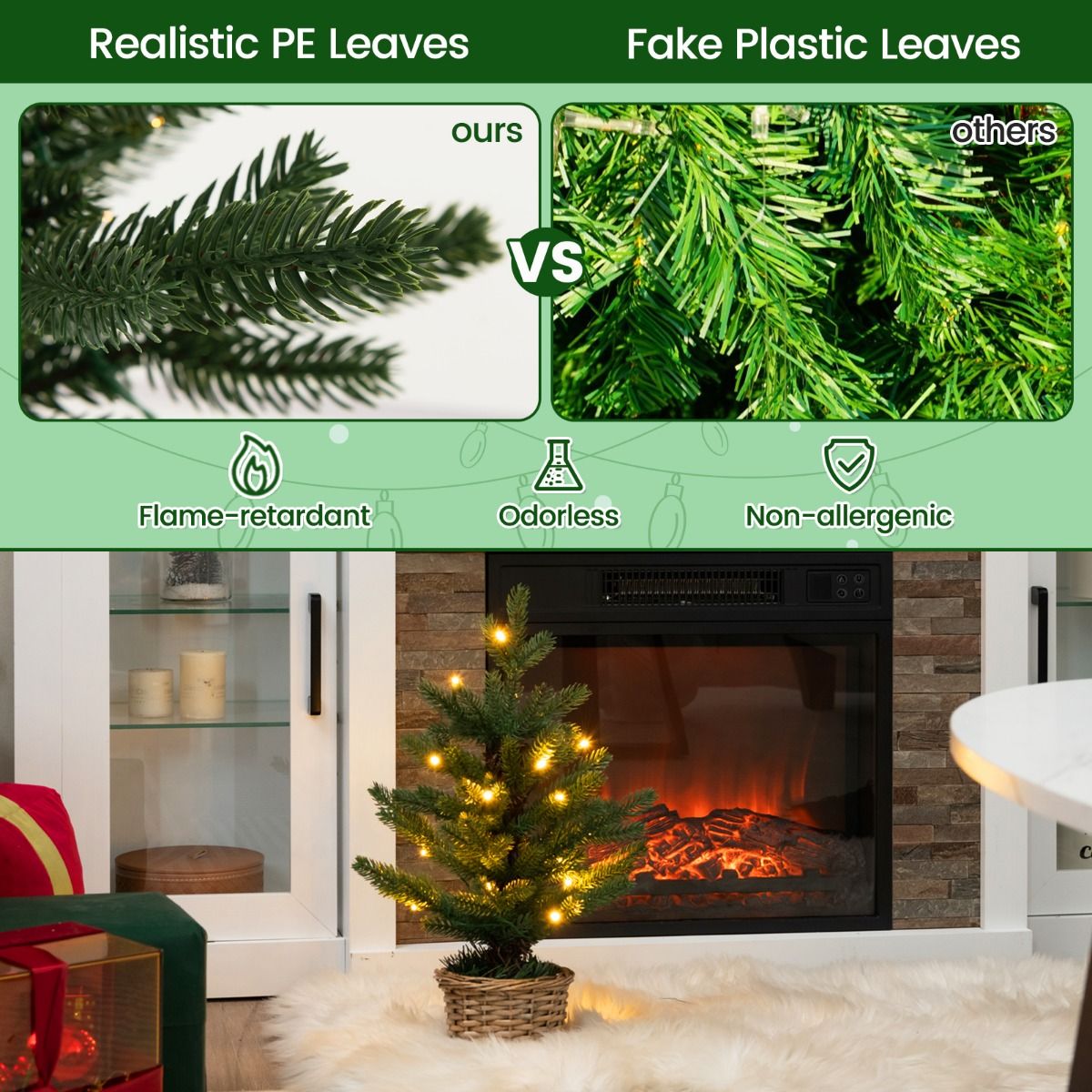 Coast Illuminated Artificial Mini Christmas Tree in Pot - 48 cm High - Green/Nature - 96 Branch tips - 20 Warm White LED Lights - Timer - Wicker Pot