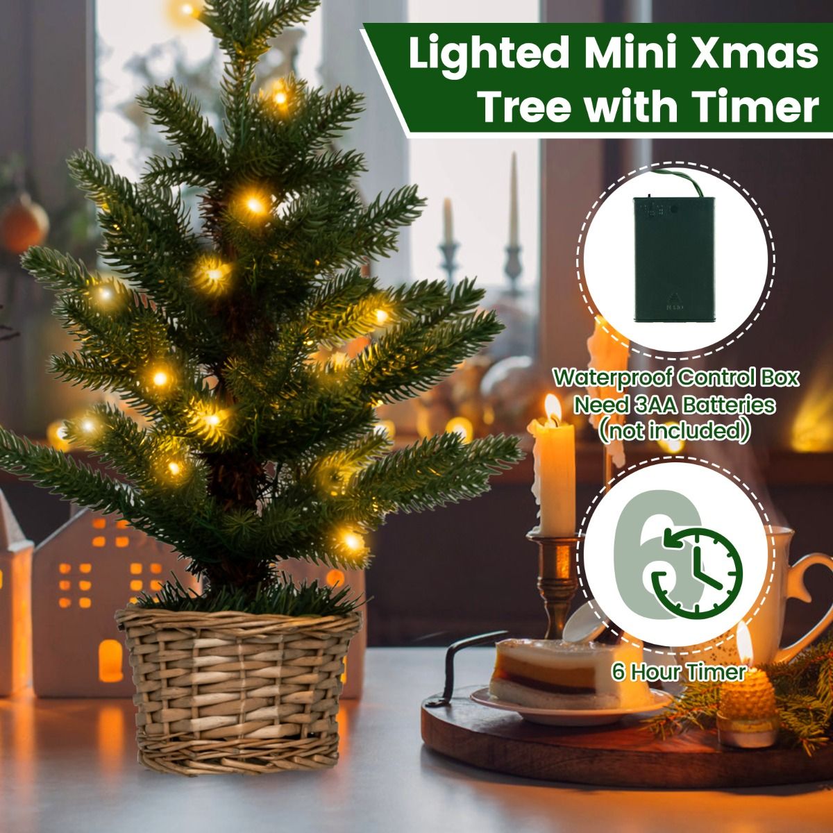Coast Illuminated Artificial Mini Christmas Tree in Pot - 48 cm High - Green/Nature - 96 Branch tips - 20 Warm White LED Lights - Timer - Wicker Pot