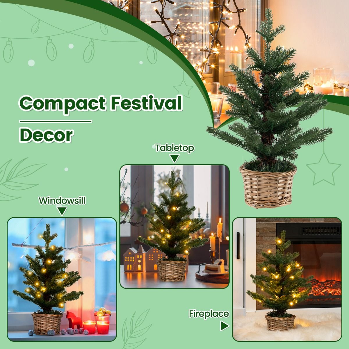 Coast Illuminated Artificial Mini Christmas Tree in Pot - 48 cm High - Green/Nature - 96 Branch tips - 20 Warm White LED Lights - Timer - Wicker Pot
