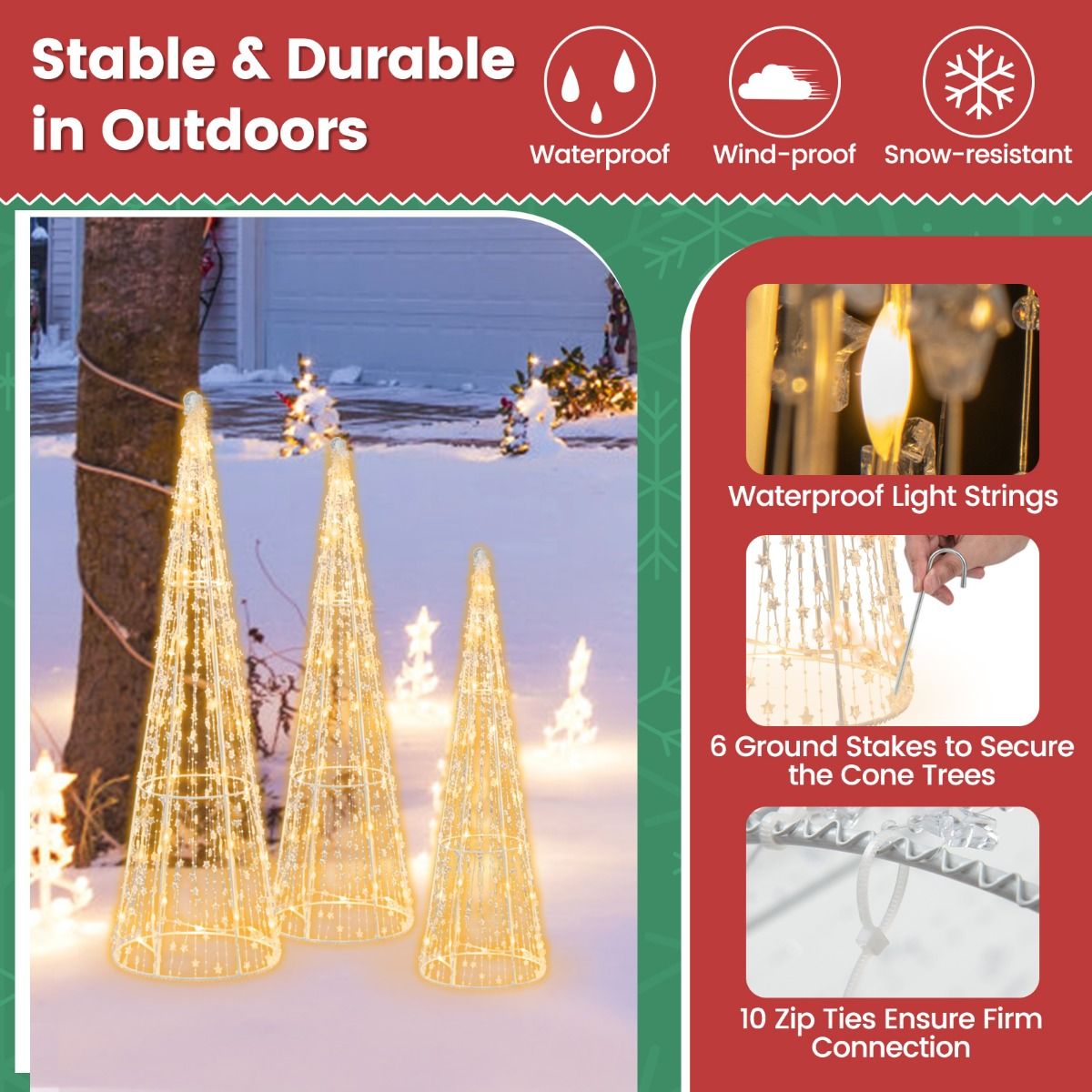 3 arbres de Noël illuminés Coast - LED blanc chaud - guirlandes étoilées - blanc - 81 / 72 / 62 cm - pour l'intérieur et l'extérieur