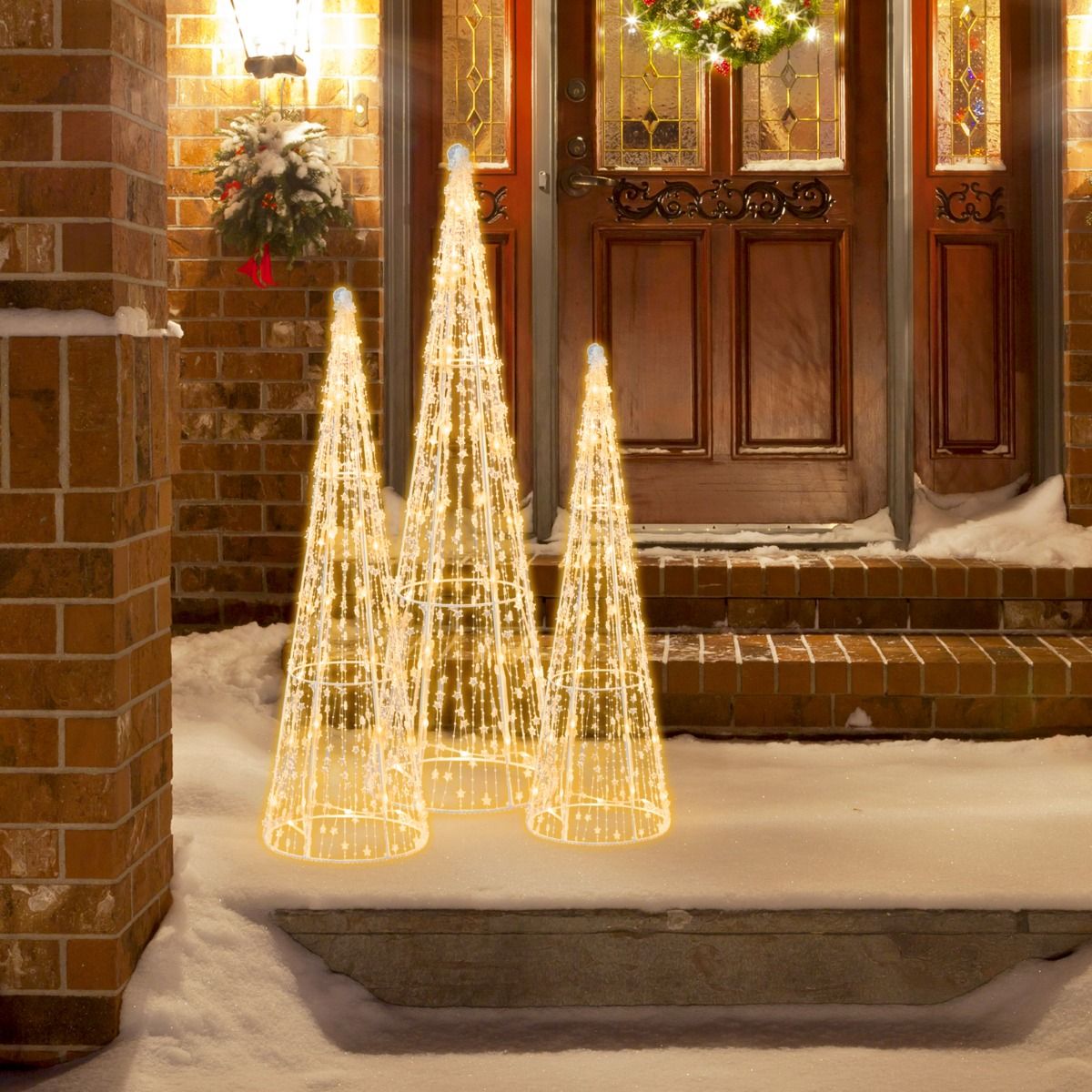 3 arbres de Noël illuminés Coast - LED blanc chaud - guirlandes étoilées - blanc - 81 / 72 / 62 cm - pour l'intérieur et l'extérieur