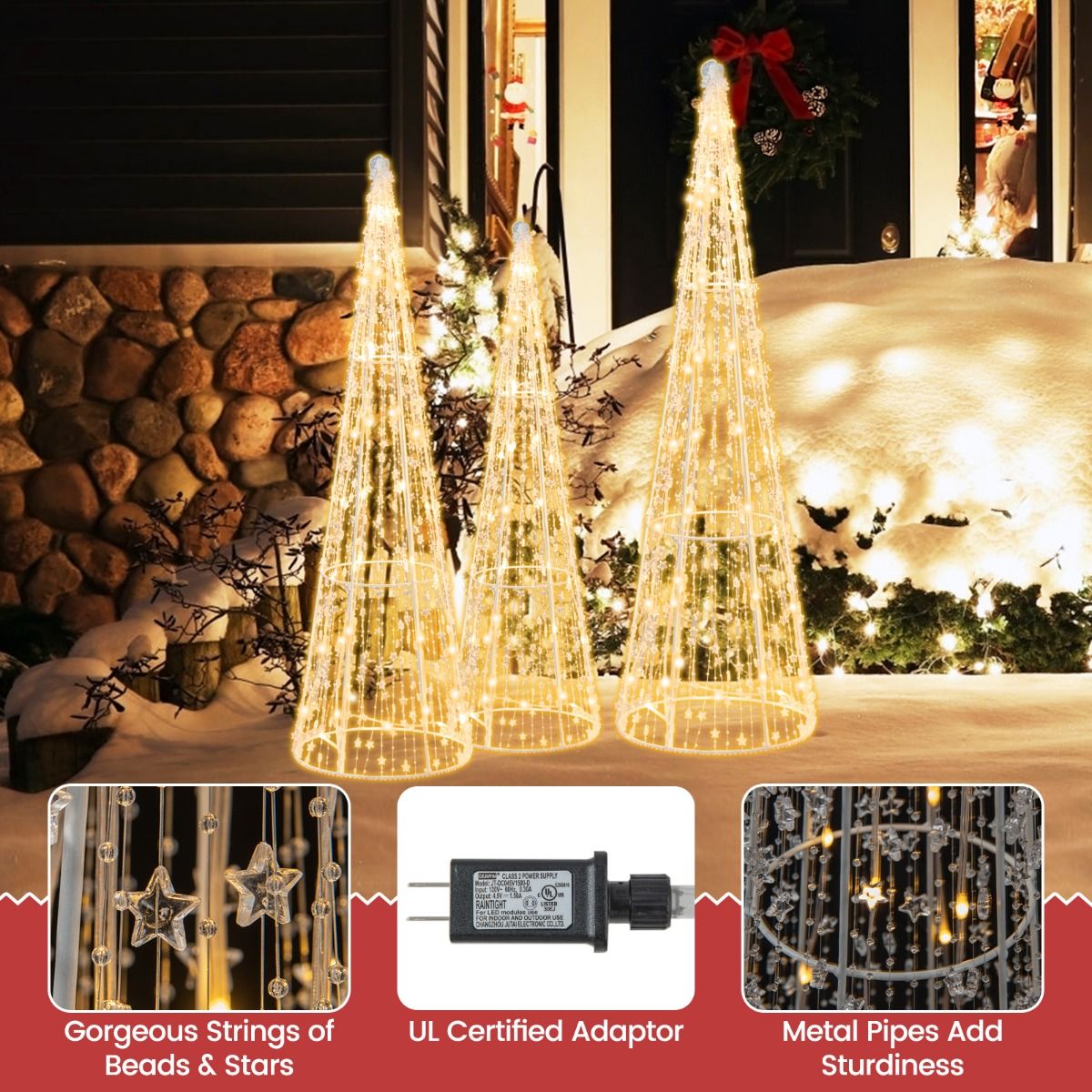 3 arbres de Noël illuminés Coast - LED blanc chaud - guirlandes étoilées - blanc - 81 / 72 / 62 cm - pour l'intérieur et l'extérieur