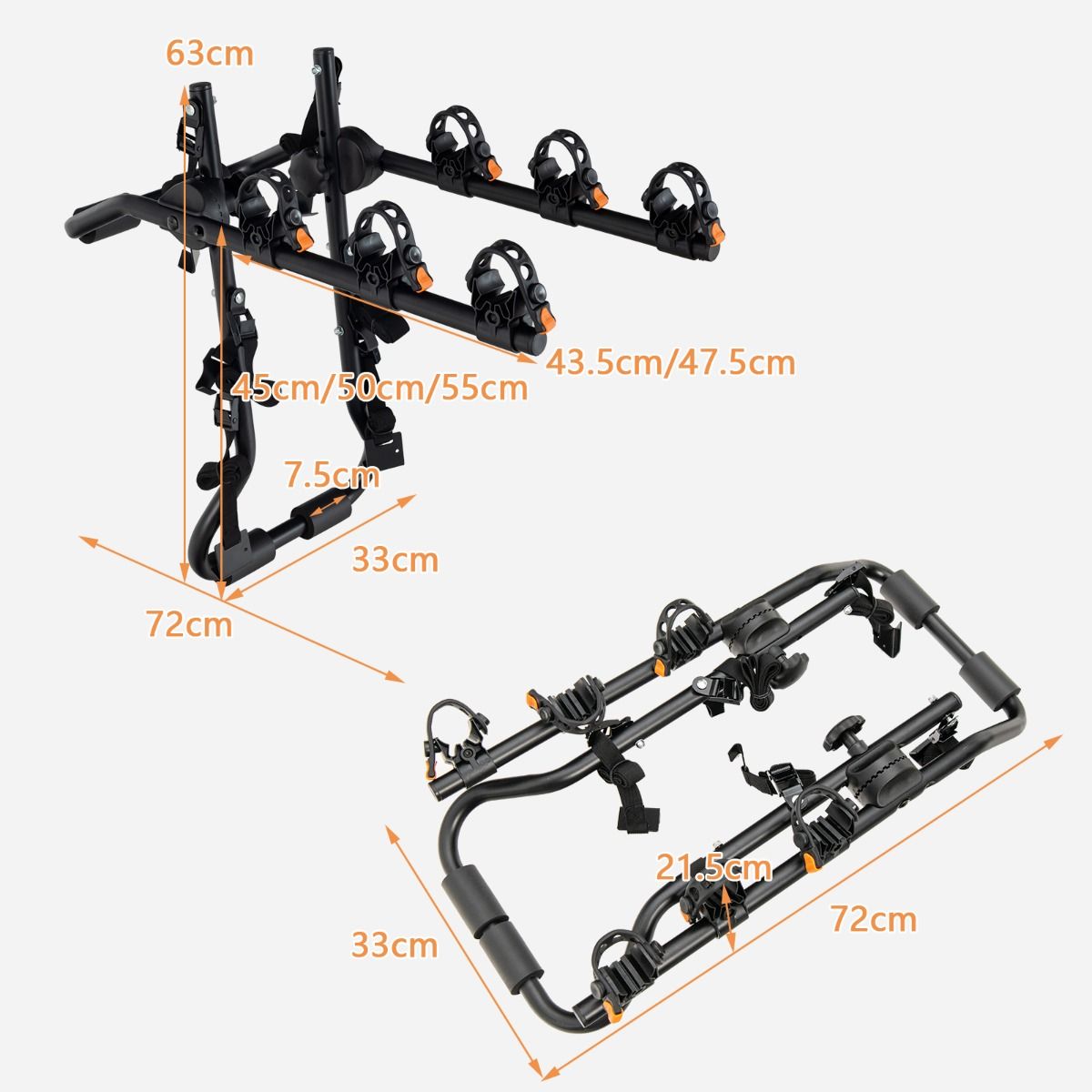 Coast Trunk Bike Carrier for 3 Bikes - Porte-vélos réglable sur le hayon 71 x 33 x 63 cm - Noir - Capacité de charge 45 kg