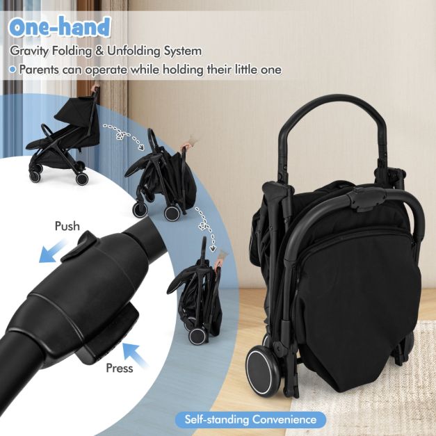 Coast Lightweight Stroller 97x49x103 cm - Black - Compact et pliable d'une seule main - Poussette de voyage pour tout-petits