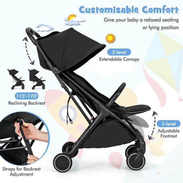Coast Lightweight Stroller 97x49x103 cm - Black - Compact et pliable d'une seule main - Poussette de voyage pour tout-petits