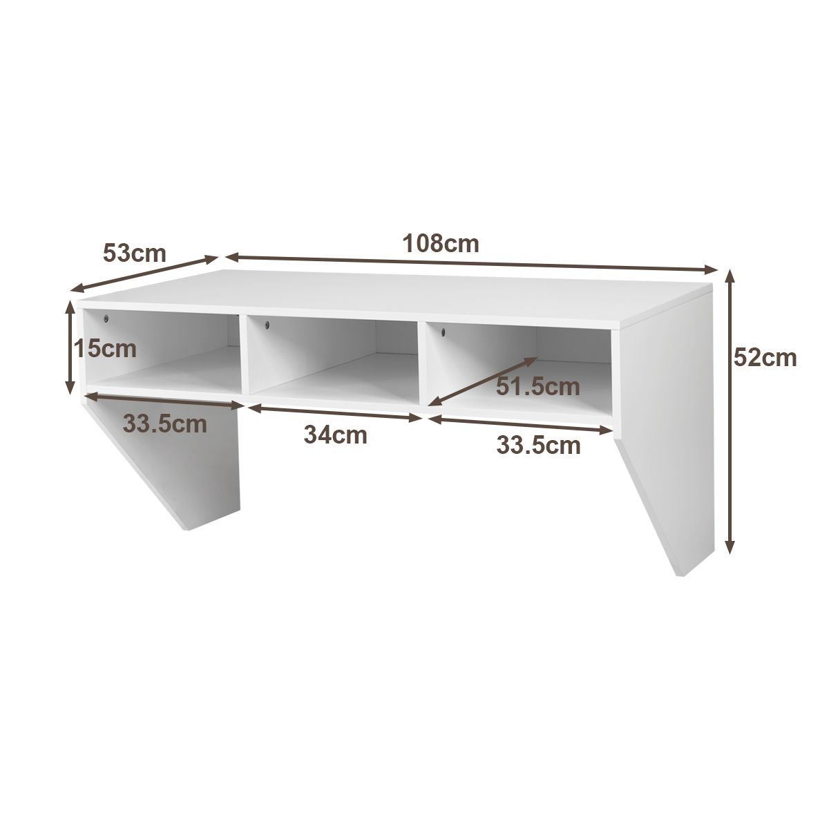 Bureau d'ordinateur Coast pour fixation murale - 3 compartiments ouverts - capacité de charge de 20 kg - 108 x 53 x 52 cm - blanc