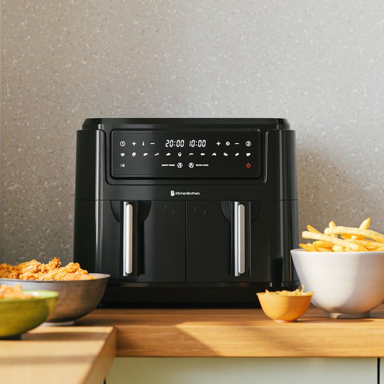 Airfryer XXL Double Zone - KitchenBrothers - 9L - 2400W - Friteuse à air chaud - 50ºC à 200ºC - 10 programmes de cuisson - Noir