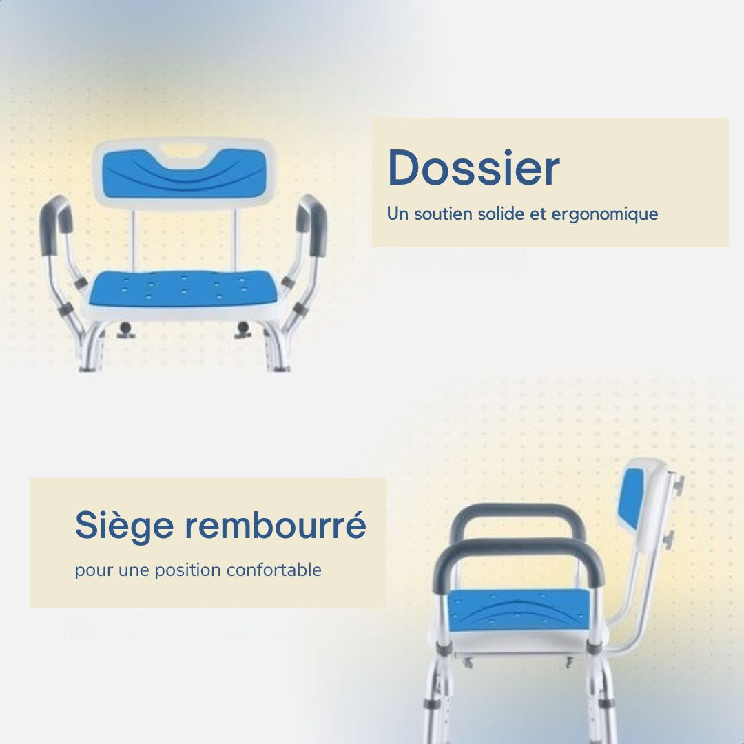 Chaise de douche SafeLife avec dossier et accoudoir amovibles - antidérapant - hauteur réglable - blanc/bleu