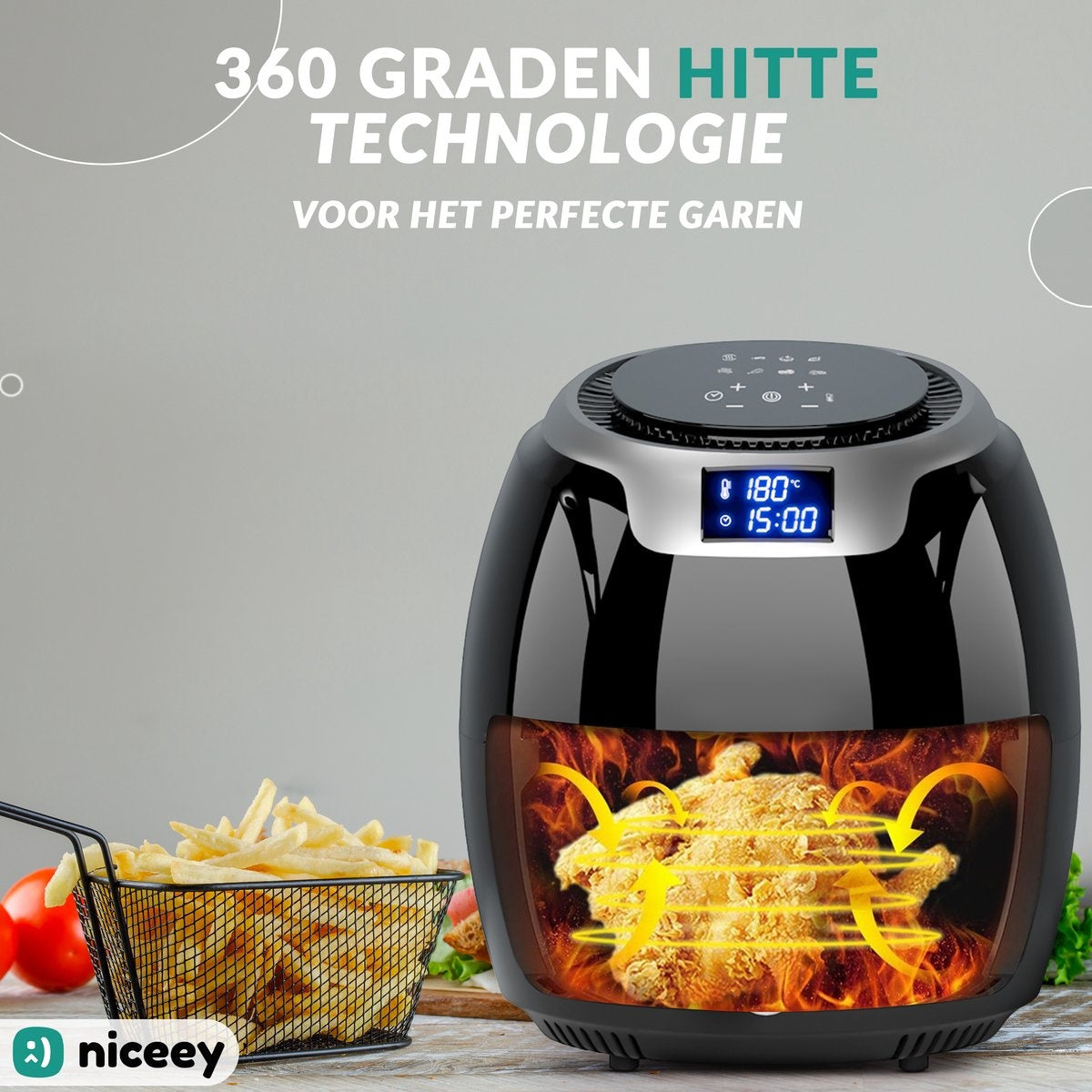 Niceey Airfryer XXL - Friteuse à air chaud - 8L - 1800W - Noir