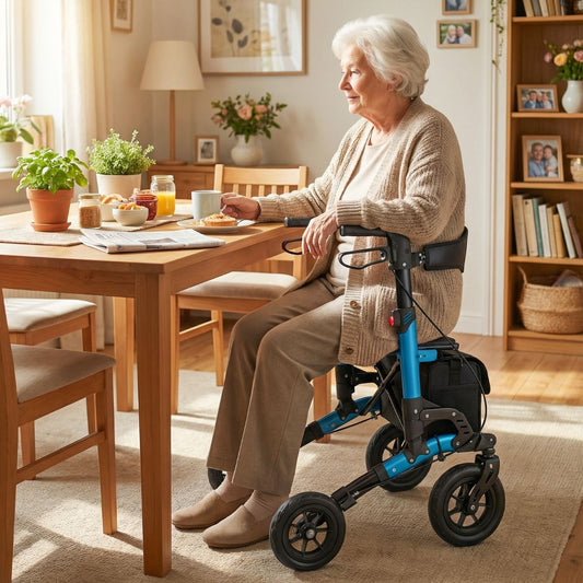 Rollator pliable Coast pour seniors - Siège avec dossier en filet - Grandes roues et porte-canne - bleu