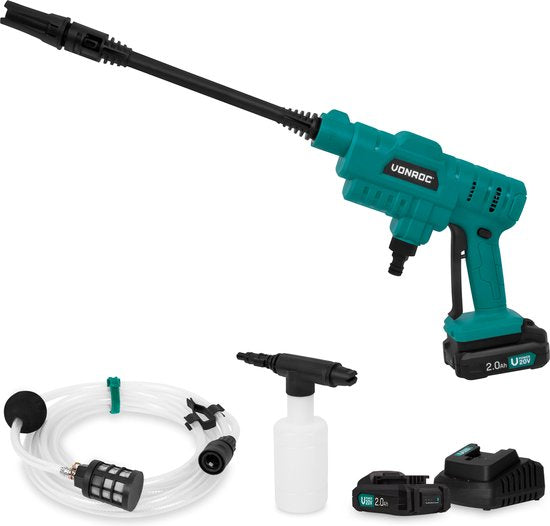 VONROC Accu nettoyeur haute pression 20V - 24bar - 198 l/h - Comprend un tuyau d'aspiration de 5m, une bouteille de détergent et une buse réglable - Comprend 2 batteries de 2.0Ah et un chargeur rapide