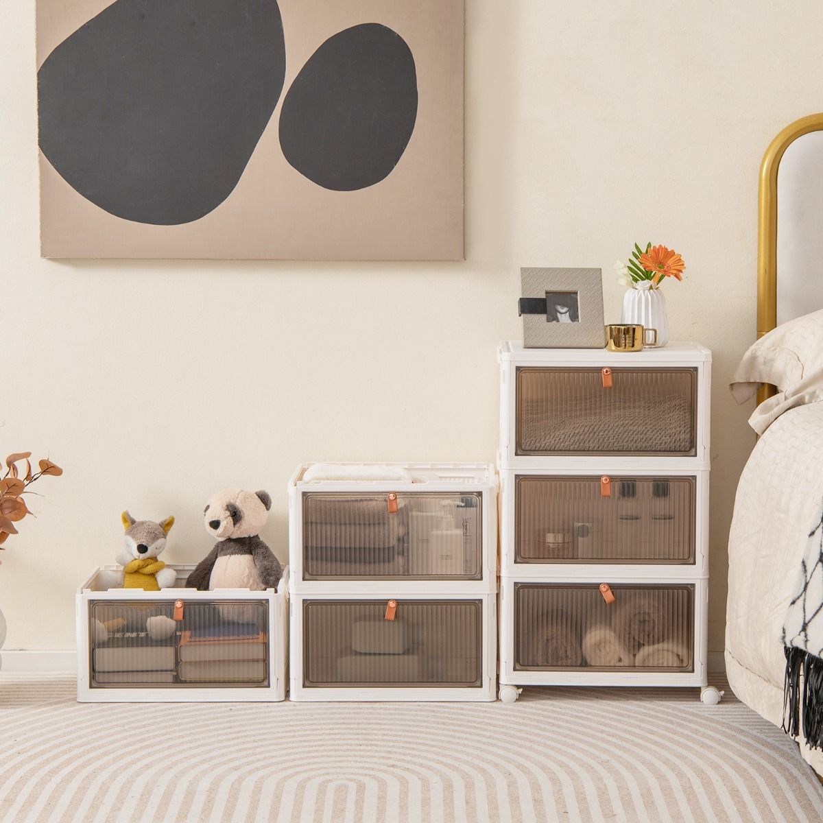 Coast - Rangement pour chaussures - pliable, 6 étages, portes magnétiques et roues - 40 x 37,5 x 123 cm - PP/PU - blanc/marron