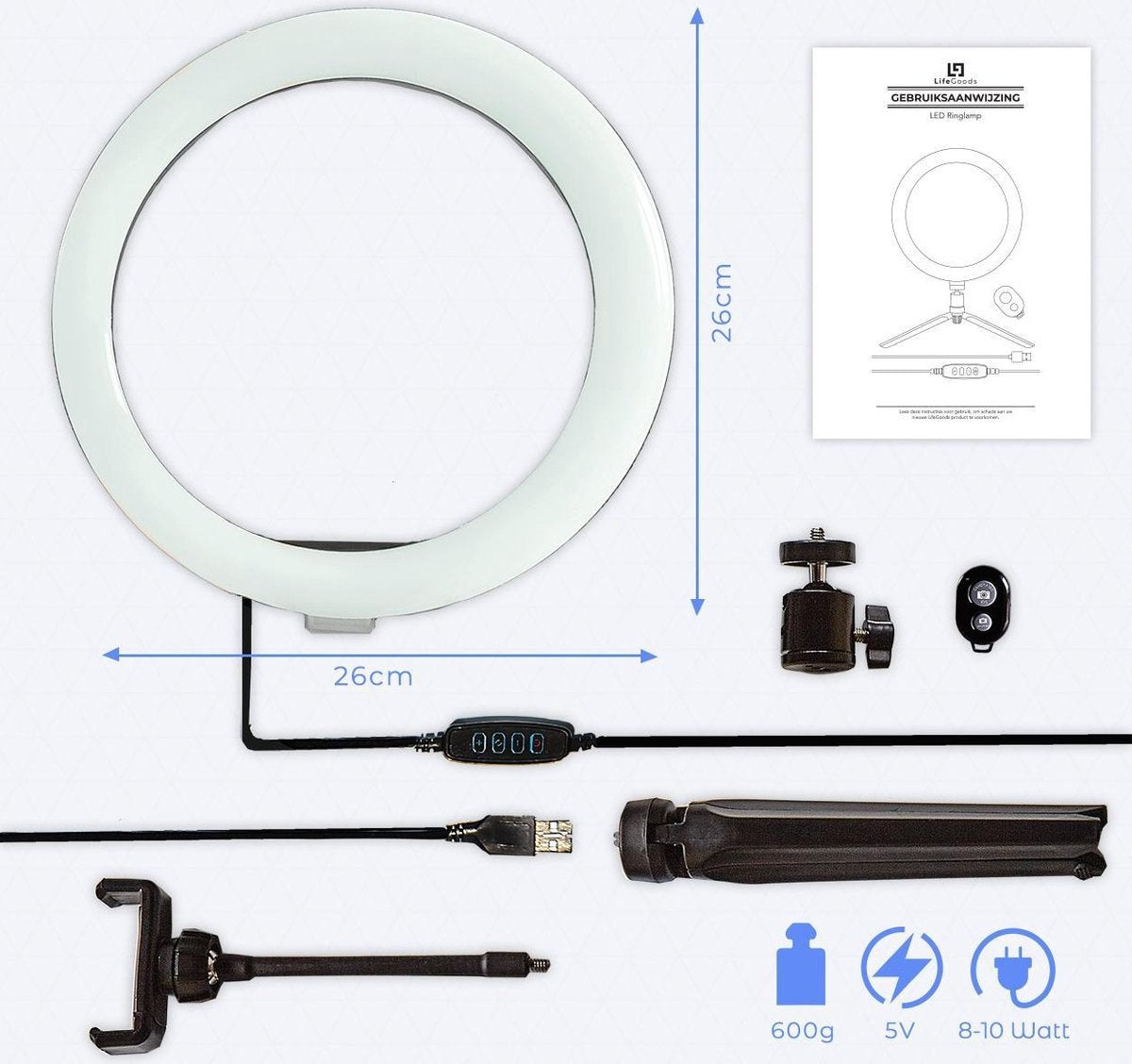 LifeGoods Lampe annulaire - LED - Avec trépied et télécommande - Support pour smartphone - Noir