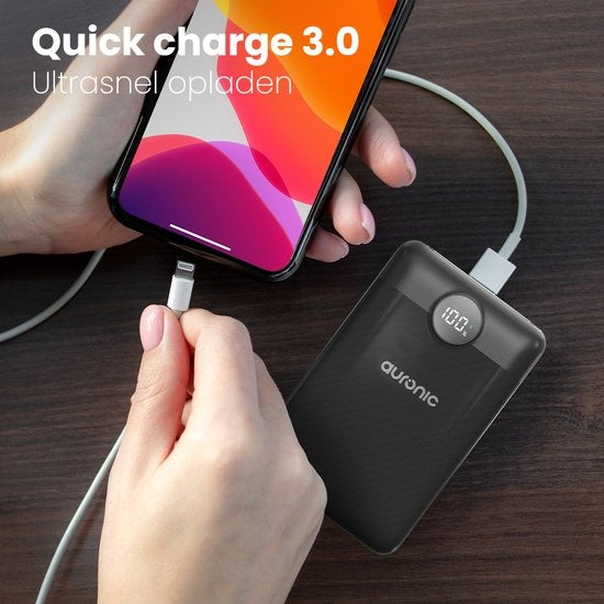 Auronic Powerbank - Chargeur rapide iPhone et Samsung - 10 000 mAh - 22,5W - 2 ports de charge - Chargement rapide via USB-A et USB-C - Noir