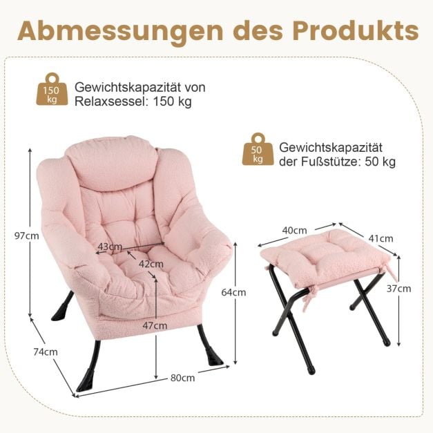 Fauteuil de détente Coast rose avec accoudoirs, coussin d'appui-tête et poche latérale – Fauteuil de détente avec repose-pieds en option – Sherpa – Rose
