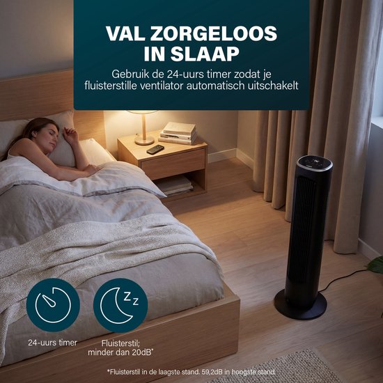 Ventilateur sur pied Princess DC 101 cm – Ultra silencieux – 12 vitesses – Oscillation – Minuterie 1 à 8 heures – Avec télécommande – Ventilateur sur pied – 50 W – Noir – 352390