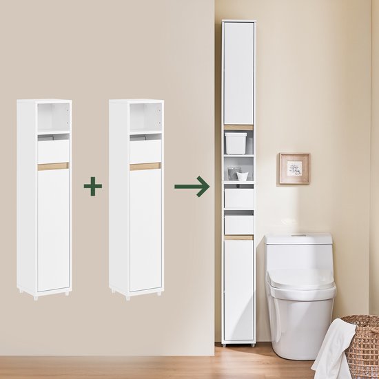 SoBuy BZR151-W Armoire de toilette pour espaces étroits, armoire de rangement compacte avec étagère et tiroir réglables, pour salle de bain, armoire de toilette en bois, blanc, 20 x 20 x 96 cm