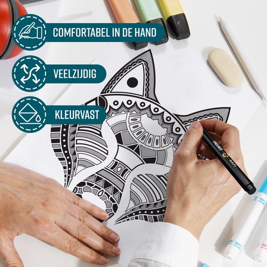 NAPI 10 Fineliners Noirs avec Stylo Pinceau et Règle - 0.2 à 3mm - Stylos Noirs - Accessoires Bullet Journal - Set de stylos à dessin