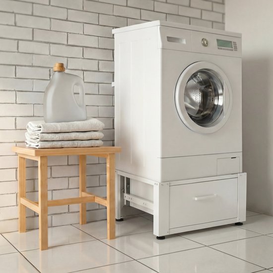 Vonia Elévateur de machine à laver - Elévateur de machine à laver avec tiroir - Socle de machine à laver - Armoire de machine à laver - Armoire de machine à laver - 63x54x31 - Blanc