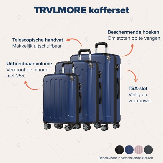 TRVLMORE Set de valises - 3 pièces - 45L bagage à main + 75L et 115L bagage spacieux - TSA Lock - Léger - Set de valises de voyage - Bleu foncé