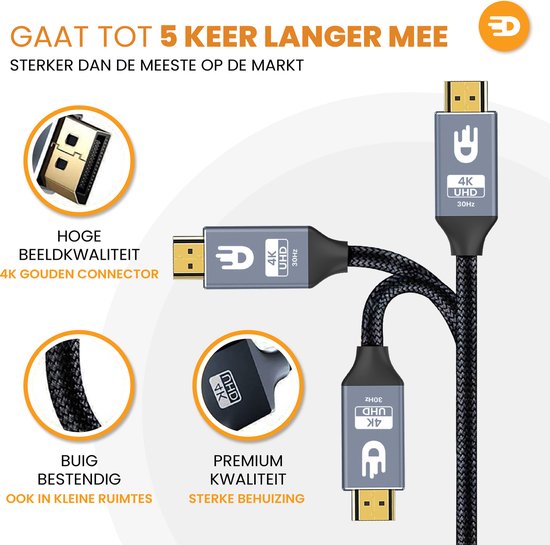 Drivv. Câble Premium Displayport vers HDMI - 4K 30hz - Nylon - 2 mètres - Gris