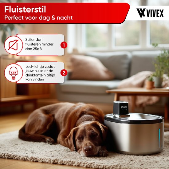 Vivex® Wireless Drinking Fountain - Acier inoxydable - 4,5 litres - Fontaine à eau pour chats et chiens - Avec capteur et batterie - 12 filtres et outil de nettoyage inclus - Silencieux - Filtres supplémentaires