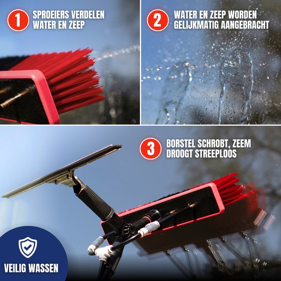 Aqualitá® Perche télescopique pour le lavage des vitres 4.6M avec Chamoisole - Lave-vitre télescopique - Nettoyeur de panneaux solaires - Set de lavage de vitres perche télescopique avec passage d'eau - Brosse de lavage télescopique - Set de brosse télesc