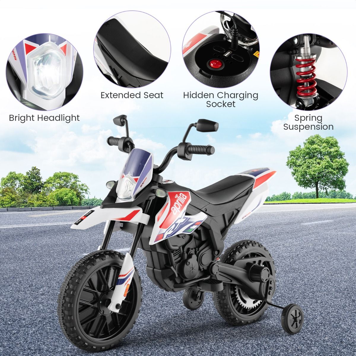 Coast Toy Motorbike for Kids - 2 roues latérales - Fonction musicale - 106.5 x 56 x 80 cm - Bleu/Blanc
