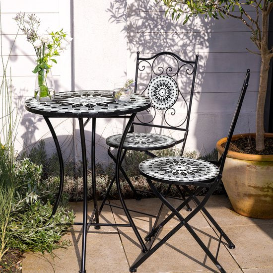 Chaises de bistrot AXI Amélie – Pliantes – Noir/blanc – Chaises de jardin pliantes en métal – Dossier haut – Lot de 2 pièces – Effet mosaïque – Incrustations de carreaux de céramique – Capacité de charge de 150 kg – Jardin, terrasse ou balcon