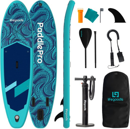 LifeGoods SUP Board All-round Compact - Capacité de charge 100 KG - 300 x 76 cm - Gonflable - Pack SUP complet - Bleu
