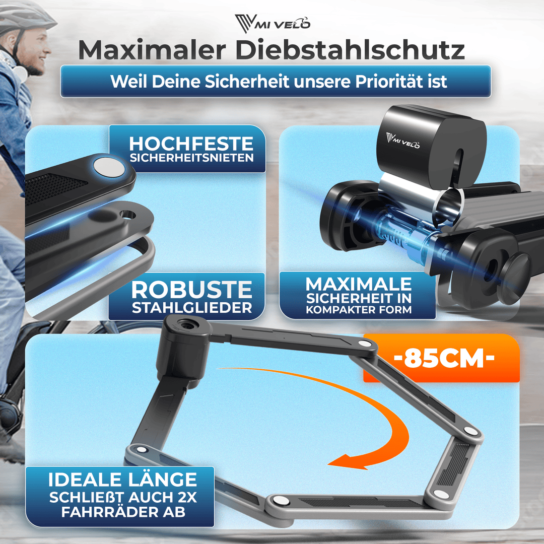 Antivol à vélo MIVELO pliable haute sécurité, 85 cm de long I Antivol à vélo avec clé, support inclus I Idéal pour les vélos électriques, les VTT et les vélos de course I Antivol à vélo (clé, 85 cm)