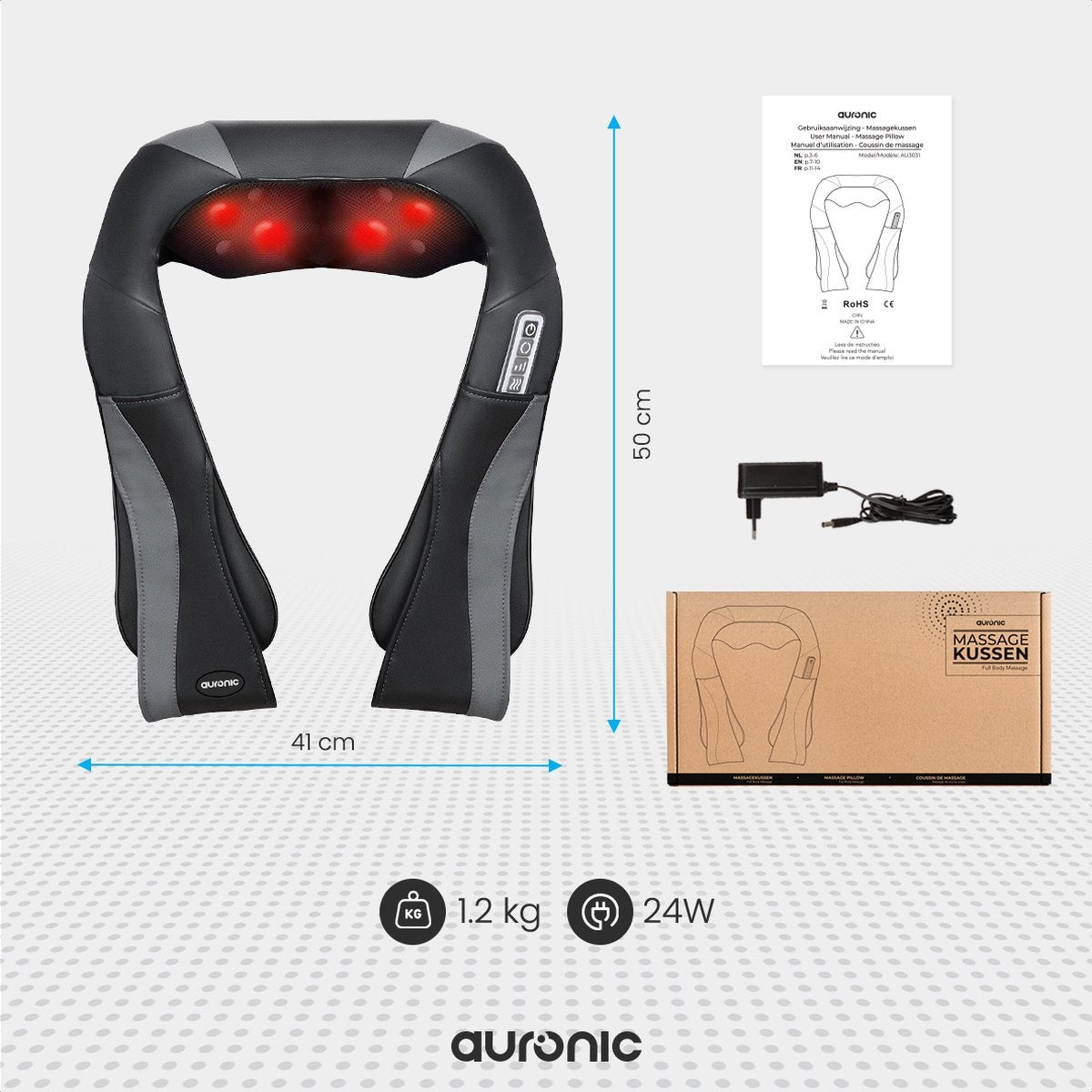 Auronic Coussin de Massage Shiatsu - Appareil électrique - Cou et épaules - Fonction chaleur avec infrarouge - Noir