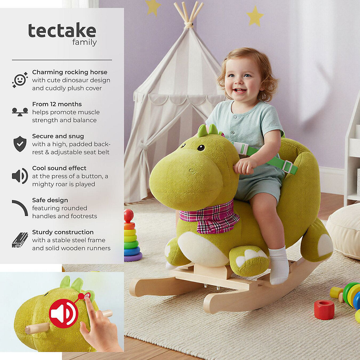 Cheval à bascule Tectake « Dinosaure » 50 cm - Bois/peluche - Effet sonore - Vert