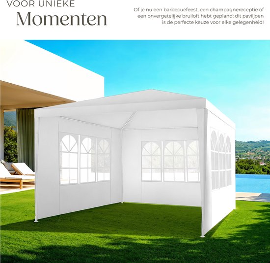 tectake® Pavillon - avec armature renforcée - Tente de réception 3x3 m - Bâche imperméable - Panneaux latéraux amovibles - Pavillon de jardin résistant aux intempéries - Lignes de tension et piquets inclus - Blanc - Tente pliante pop-up