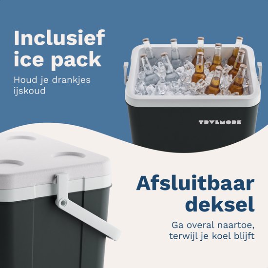 TRVLMORE Cool Box 26L - 65 heures de réfrigération - Frigobox - 2 éléments réfrigérants inclus - Anthracite