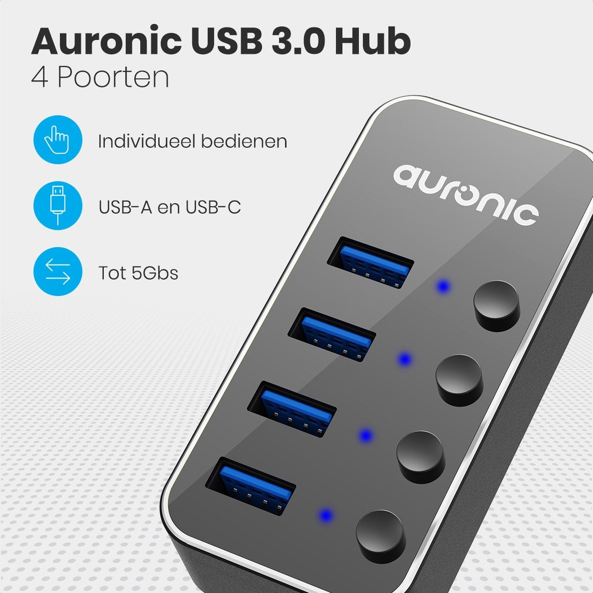 Auronic USB Hub 3.0 - Répartiteur USB avec 4 ports - avec alimentation - 5 GBP - Indication LED - Noir