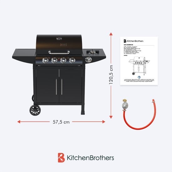 Barbecue à gaz KitchenBrothers - Avec 5 brûleur - Raccordement au gaz - 42x57cm surface de cuisson - Noir