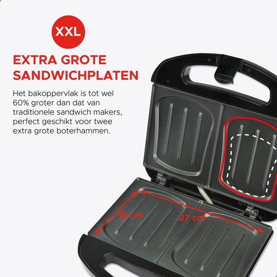 Appareil à sandwichs Bourgini XXL Noir - 800 W - Appareil à croque-monsieur - Gril de table