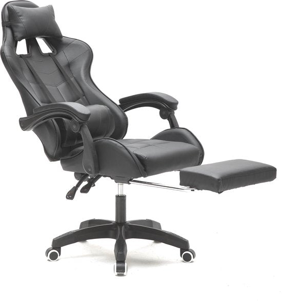 VDD Gaming - Chaise de jeu - Gaming - Chaise de bureau - Avec coussin de nuque et coussin de dossier réglable - Avec repose-pieds - Chaise de jeu en silicone - Chaise pivotante - Noir