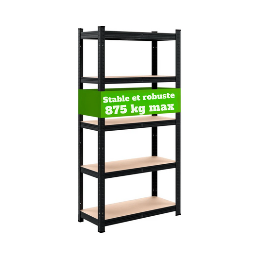 Rack de stockage en métal - 5 étagères en MDF incluses - 180x90x40 cm Noir