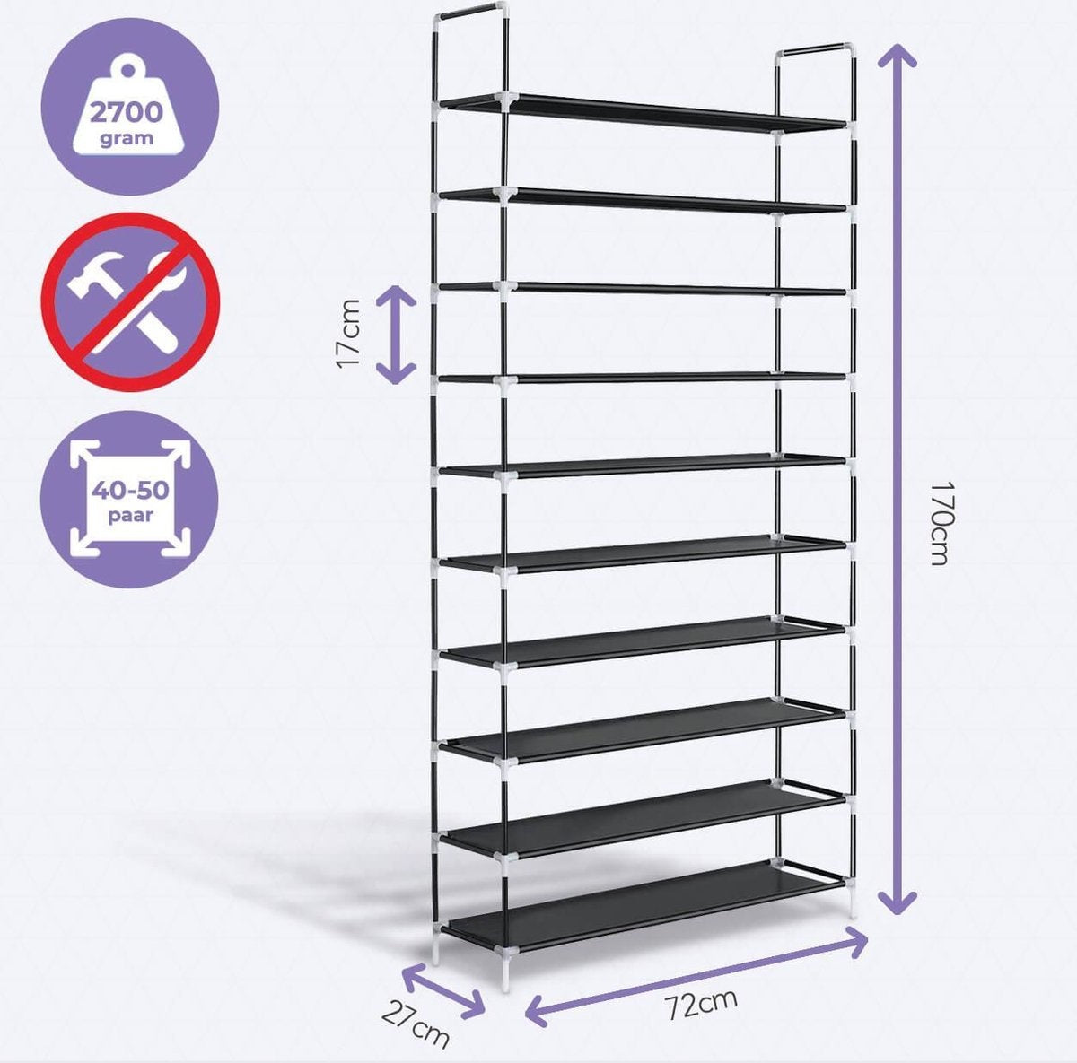LifeGoods Shoe Rack - XXL - 10 couches - 35 à 40 paires de chaussures - Armoire à chaussures - Plastique - Noir